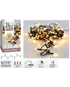 Kerstverlichting 24 led - 1.80m - extra warm wit - Batterij - Lichtfuncties - Geheugen - Timer